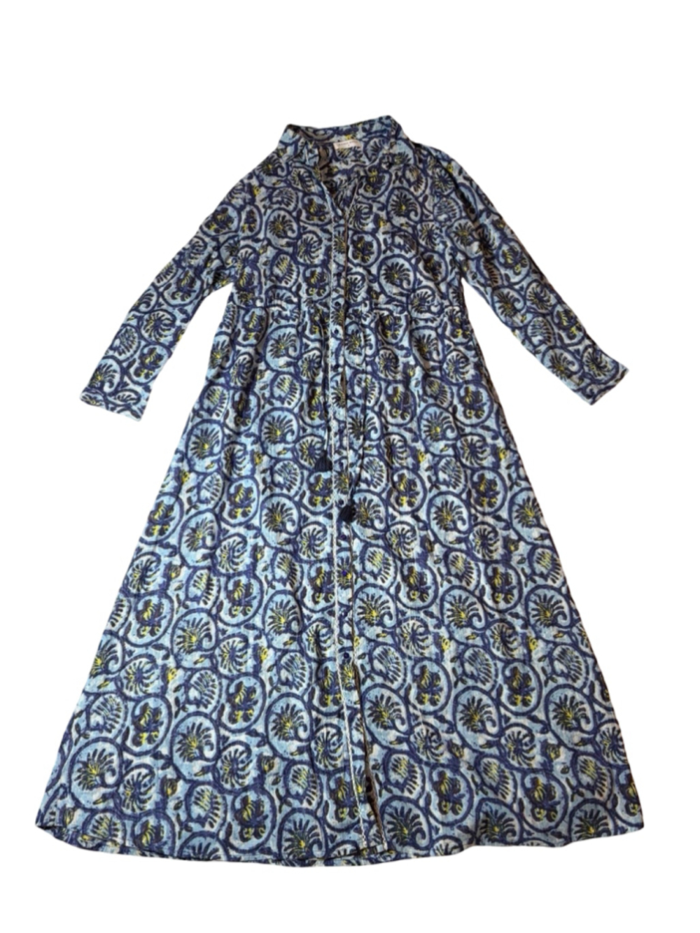 Maison Hotel Roberta Dress Womens M Blue Paisley Cotton Boho Maxi Tassel Tie